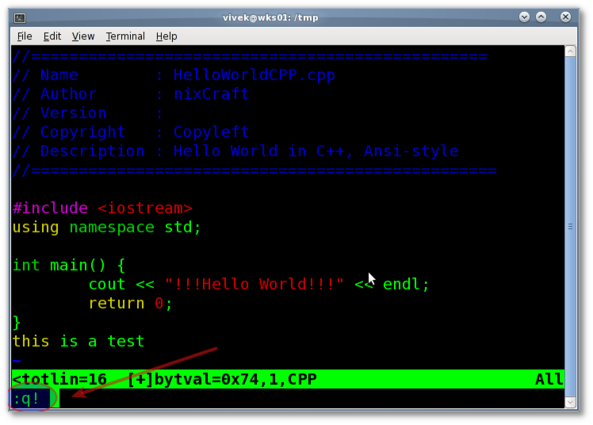 Fig.01: Vim / vi text editor quit without saving changes command demo