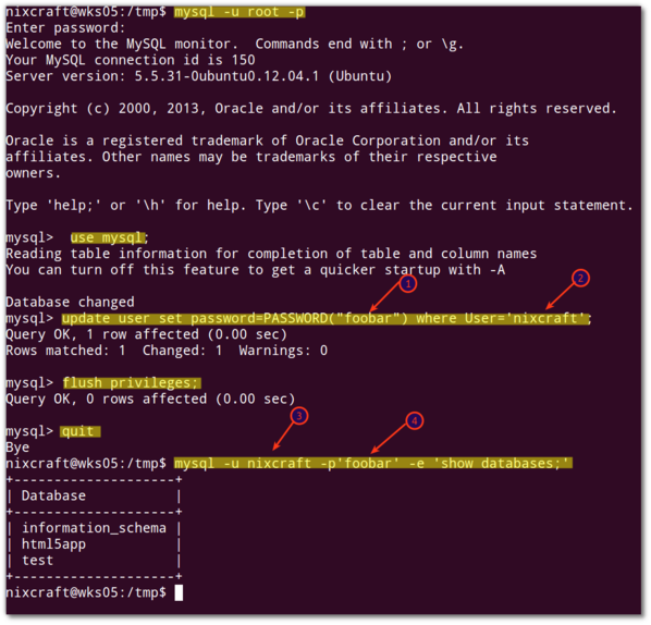 Fig.02: Changing mysql password for nixcraft user using sql commands.