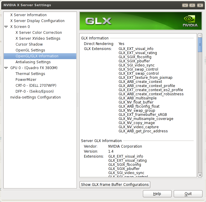 Linux NVIDIA X Server Settings Finding GLX (OpenGL) Settings