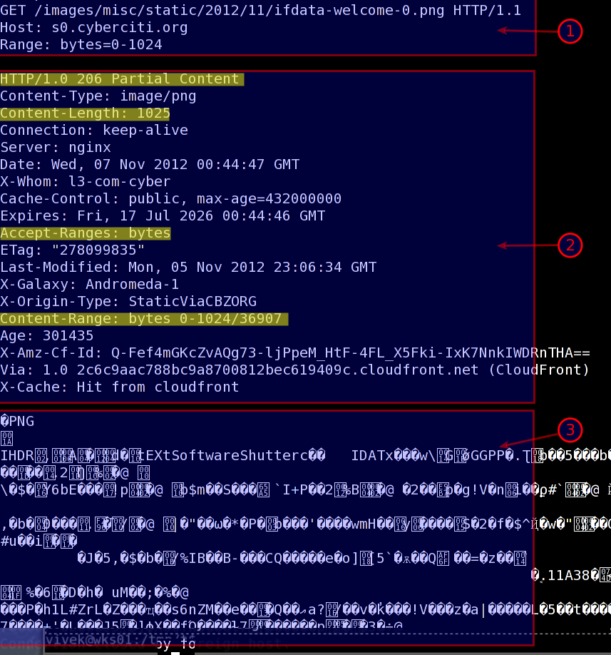 Fig.01: Telnet command Range-requests bytes header example (HTTP 206)