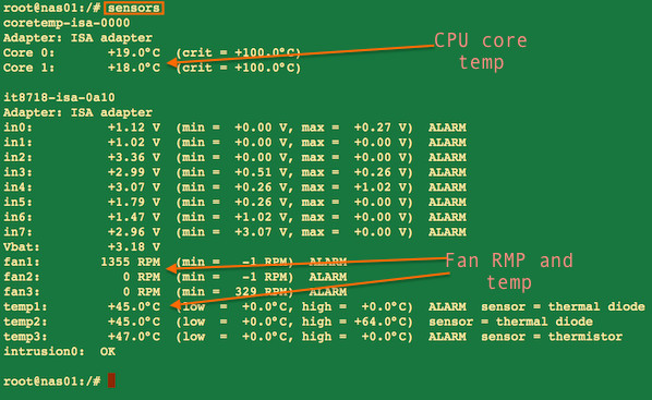Fig.03: sensors command providing cpu core temperature and other info on a Linux