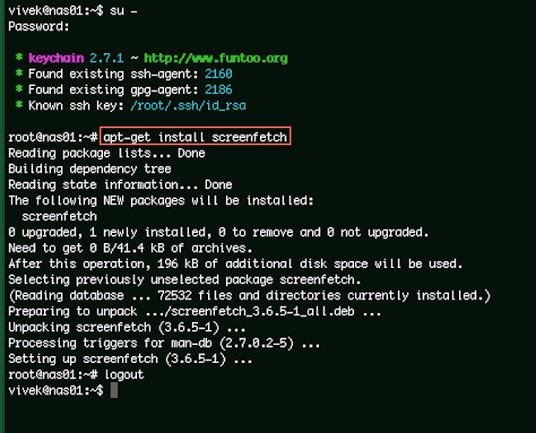 Fig.01: Installing screenfetch using apt-get