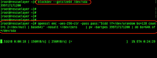 Fig.02: Use dd command with randomized the drive/partition using a randomly-seeded OpenSSL AES cipher and pv command