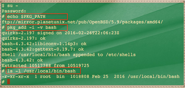 Fig.01: Installing bash shell on OpenBSD 5.9
