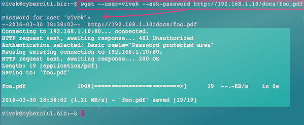 Fig.01: wget command in action with HTTP auth.