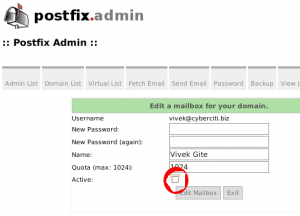 Fig.01: Postfix -  Disable Email Box Using Postfixadmin