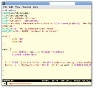 Fig.01: vi / vim write and quit command in action