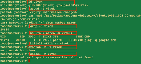 Fig.01: Delete User Accounts with Home Directory and All Data In Linux