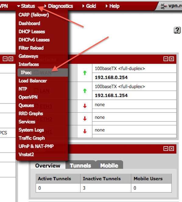 Fig.08: PFSense IPSec Status: Connect or Disconnect VPN Tunnel