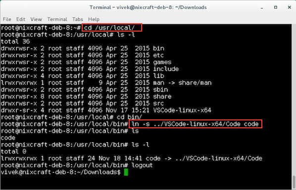 Fig.03 Create the sym-link with the absolute path to the Code executable