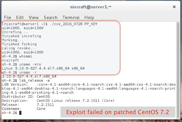 CentOS 7.2: Exploit code failed.