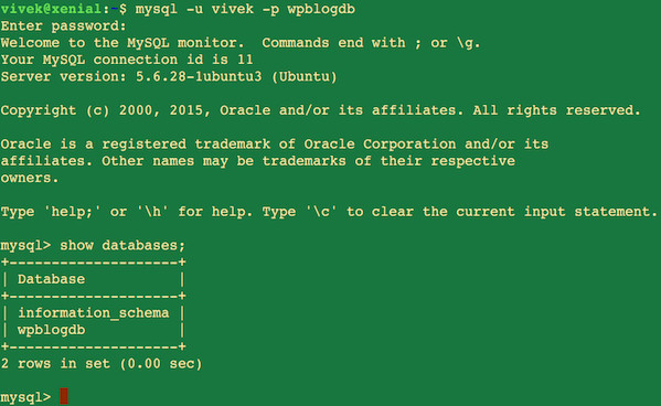 Fig.06: Log back in as vivek user and wpblogdb database