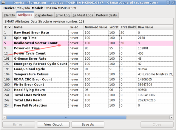 Device Information - -dev-sda: TOSHIBA MK5061GSYF - GSmartControl Fig.06: GSmartControl displaying hard disk attribution information