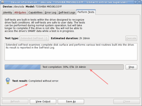 Smartctl Perform hard disk health test /dev/sda: TOSHIBA MK5061GSYF - GSmartControl Fig.08: Hard disk test is in progress