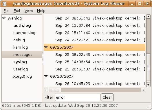 Debian / Ubuntu Linux also offers GUI tool to view and search log files by setting filters