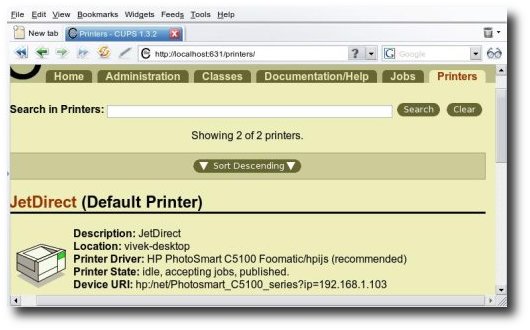 Linux / UNIX CUPS HP printer at http://localhost:631/