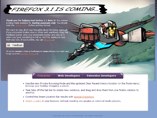 Firefox 3.1 Beta 2 Welcome Screen Firefox 3.1 Beta 2 Welcome Screen