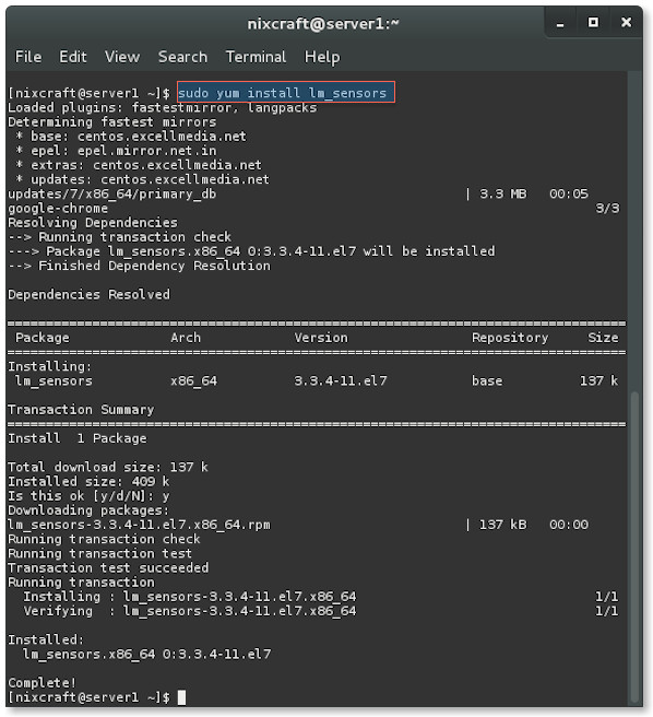 Fig.01: Installing ln_sensors on CentOS 7/RHEL 7