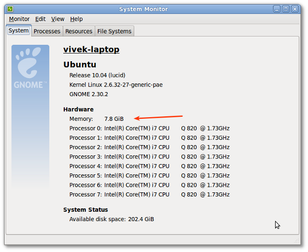 Fig.02: Linux view installed memory with the System Monitor application