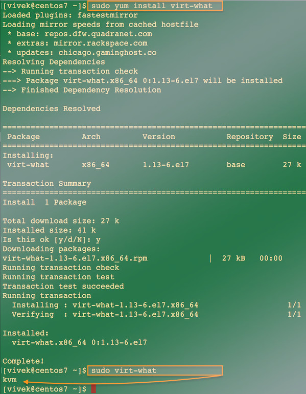 Fig.02: Fedora/RHEL/CentOS Linux install virt-what command