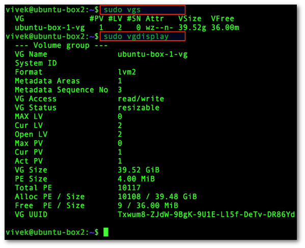 Fig.03: How to see information about LVM volume groups (vg)